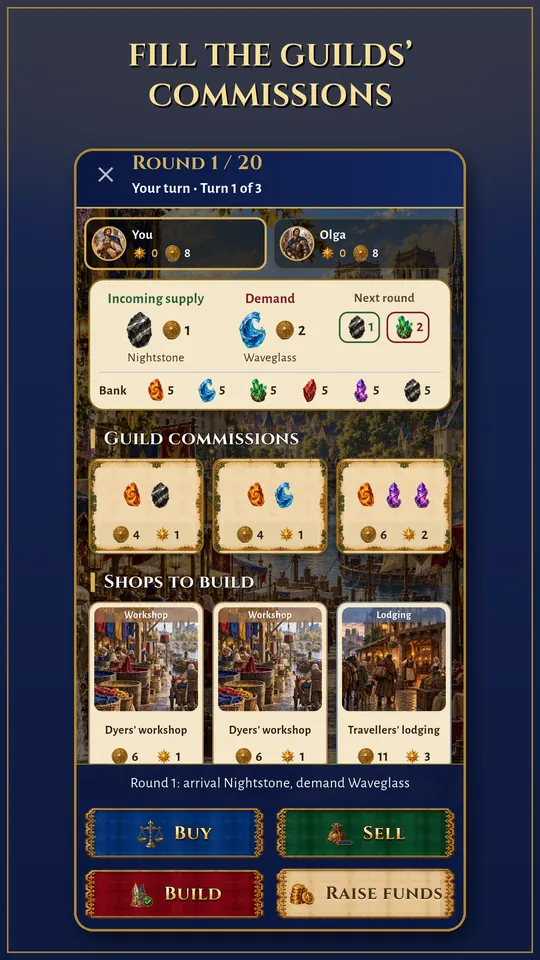 The market: arrival, demand and next round’s prices, guild orders and stalls to build.