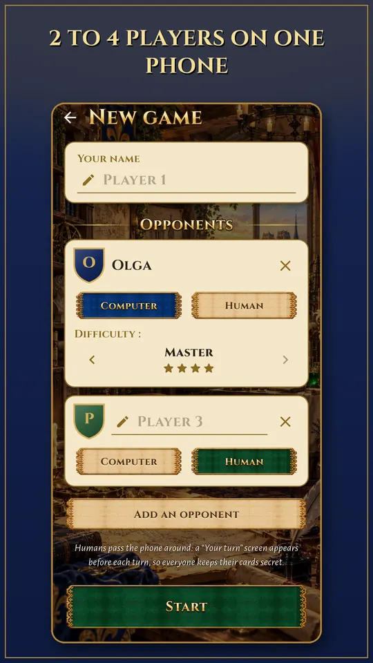 New game: 2 to 4 players, humans or computer, on the same phone.