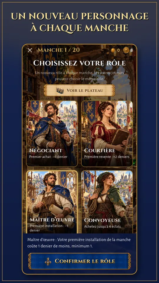 Choix du rôle dans Guildenza : Négociant, Courtière, Maître d’œuvre et Convoyeuse, chacun avec son avantage pour la manche.